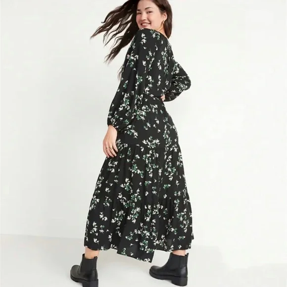 Old Navy Black Floral Long-Sleeve Tiered Maxi Swing Dress Women’s Size XL - Picture 2 of 6